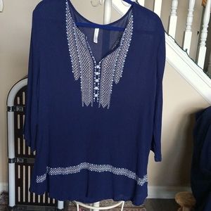 SHORELINE Navy 3/4 Sleeve Sheer Embroidered Scoop Vee Neck Blouse in Size 1XL